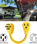 Heavy Duty Welder Adapter Cord 50 Amp NEMA 14-50P To 6-50R RV Plug depicted with RV and welding setup