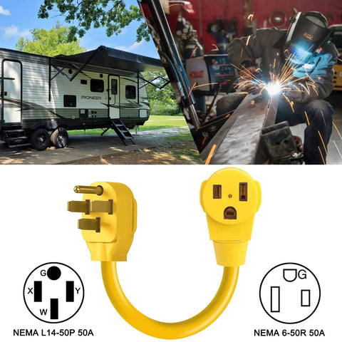 Heavy Duty Welder Adapter Cord 50 Amp NEMA 14-50P To 6-50R RV Plug depicted with RV and welding setup