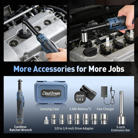 Cordless Electric Ratchet Wrench Three Eighths Inch 16V Power Tool, 40 Ft-Lbs Max Torque, with accessories and case
