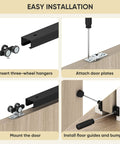 Four-step installation of Six Foot Pocket Door Kit With Commercial Grade Sliding Hardware, Aluminum Box Track, Black Finish