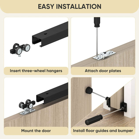 Four-step installation of Six Foot Pocket Door Kit With Commercial Grade Sliding Hardware, Aluminum Box Track, Black Finish