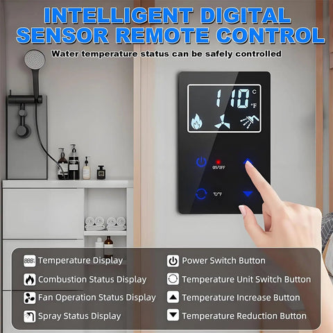Digital control panel showing water temperature and functions for Trail Tough Tankless Camper Water Heater Cranks Out Instant Hot Water With Trusty 12V Propane Ignition For Stress Free Rv Showers And Chill Camping Sessions.
