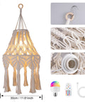 Boho Chic Macrame Pendant Lights With Tassels, Remote Dimmable And Timer, Rechargeable Cordless Hanging Lamp set with cotton details.