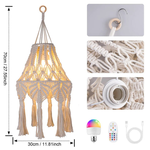 AVAMERY Boho Chic Macrame Pendant Lights with Tassels, 70cm height, cotton rope, ideal for bedroom or living room decor.