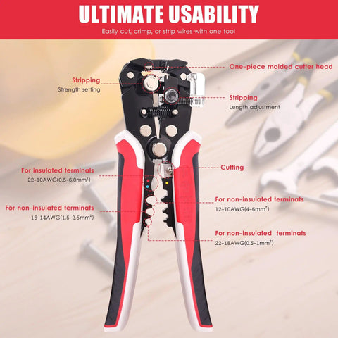 Self Adjusting Wire Strippers 3 In 1 Stripper Cutter Crimp Tool For 10 To 24 AWG showcasing design and features