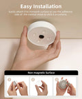 Hand holding rechargeable puck light with motion sensor, shown for easy installation, part of a 6 pack LED under cabinet lighting set
