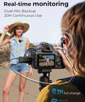 Woman using Wireless Lavalier Microphone for iPhone with 40dB Noise Cancellation on beach, connected to camera