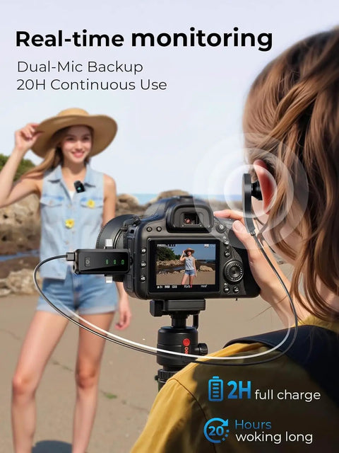 Woman using Wireless Lavalier Microphone for iPhone with 40dB Noise Cancellation on beach, connected to camera