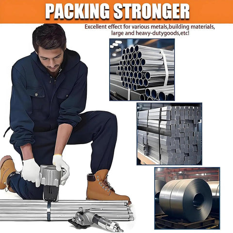 Heavy Duty Pneumatic Steel Strapping Machine With Separate Tensioner And Sealer For 0.8-1.2mm Thickness Metal Bands in use on metal pipes.