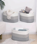 Set of 3 grey woven rope storage baskets for books, toys, and towels; small rectangle bins for bedroom closet living room; 15x10x9 inches