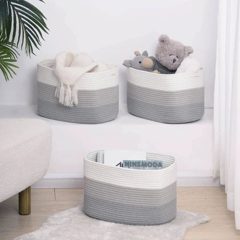 Set of 3 grey woven rope storage baskets for books, toys, and towels; small rectangle bins for bedroom closet living room; 15x10x9 inches