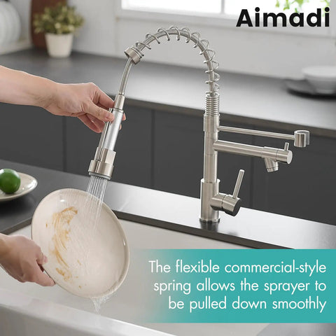 Heavy Duty Single Handle Kitchen Sink Faucet With Pull Down Sprayer Brushed Nickel 304 Stainless Steel Body Lead Free Anti Fingerprint Finish in use.