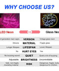 Comparison chart of 'You Are Like Really Pretty Neon Lights Sign for Wall Decor Bar Salon Home Shop and Party Large Dimmable Pink Neon LED Sign Perfect for Wedding and Birthday Vibe and Insta Ready Rooms' and vintage glass neon sign.