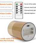 Amber LED Flameless Pillar Candles With Remote Timer 5 Pack shown with remote and battery compartment details