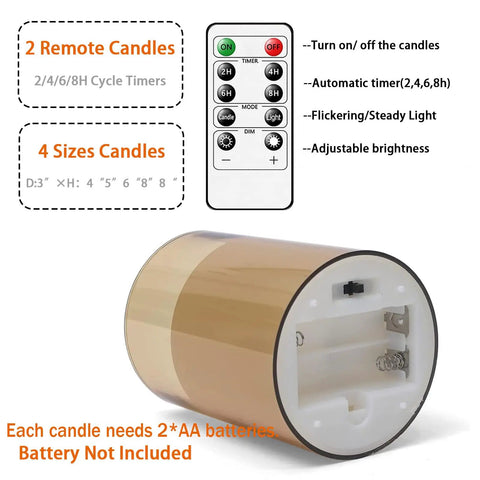 Amber LED Flameless Pillar Candles With Remote Timer 5 Pack shown with remote and battery compartment details