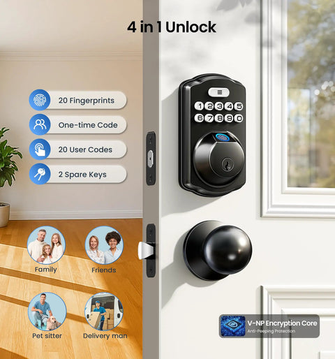 Bulletproof AI Fingerprint Deadbolt Door Lock With Durable Smart Knob Set For Next Level Home Security Zero Hassle Instant Unlock In Point Three Seconds Finished In Smooth Matte Black Exterior Trim