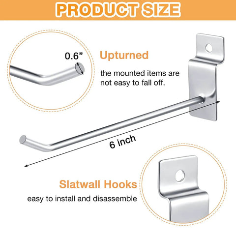 100 Pieces Heavy Duty Slatwall Panel Hooks For Metal Slat Wall Hanging Hangers Built To Last Silver Commercial Grade Slatwall Pegs For Shop And Retail Display 6 Inch Length, showing 6-inch hook size and upturned end detail.