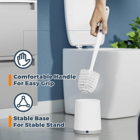 Person holding a brush from Three Pack Toilet Brushes With Holder For Deep Cleaning set, ergonomic handle, white holder shown.