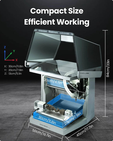 Air Desktop CNC Machine With Makera CAM For Makers Enclosed Mini CNC Mill, showing dimensions and work area.
