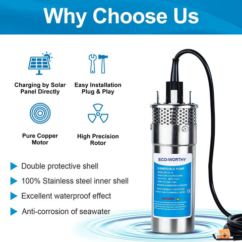 12V DC Submersible Deep Well Pump With 3.2 GPM Max Flow And 230 Ft Max Head, stainless steel, waterproof features