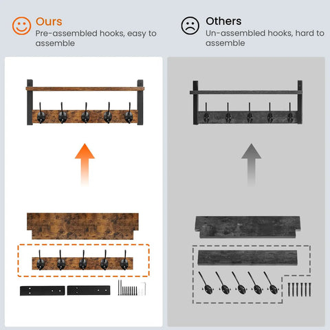 Comparison of pre-assembled and unassembled parts for Rustic Wood Wall Shelf With Five Metal Hooks Coat Rack For Your Entryway Hallway Bathroom Mudroom And Bedroom Keeps Hats Coats Purses Towels Sorted And Chic In Rustic Brown And Black Finish