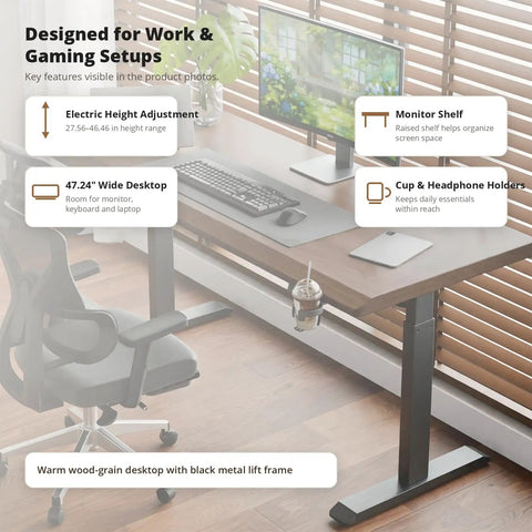 Solid Rubberwood Electric Standing Desk With Crisp Walnut Top, Smooth Single Motor Lift, total game changer for chill home office workstation.