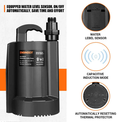 1/3 HP Brushless Submersible Sump Pump With Auto Thermal Protector And 2160 GPH At 35.5 ft Lift, Water Level Sensor