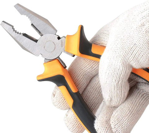 Hand using pliers from 9 In 1 Basic Tools Set With Carrying Case For Home DIY Projects Ergonomic TPR Handles Heat Treated Chrome Plated Steel