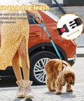 Woman using Heavy Duty Dog Seat Belt Harness For Car With Adjustable Reflective Bungee Leash walking a dog near a vehicle.