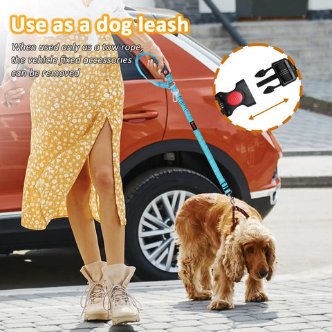 Woman using Heavy Duty Dog Seat Belt Harness For Car With Adjustable Reflective Bungee Leash walking a dog near a vehicle.