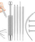 Piercing Taper Grabber Tool For No Fuss Easy Jewelry Changes And Flat Back Earrings Insertion 20G Stainless Steel Threadless Insertion Pin Flat Back Earrings Applicator Kit For Ear Nose Lip Piercing Pro Grade Safe Precise DIY Body Jewelry displayed with accessories.