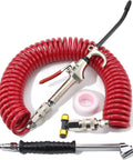 Heavy Duty Air Blow Gun Kit With 30 Foot Coiled Hose And Dual Head Tire Chuck Zero Leak Accessory Set with coiled red hose and metal gun.