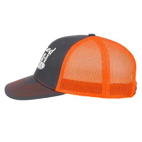Cool Hats Unisex Breathable Trucker Cap With Adjustable Buckle, side view showing orange mesh and grey front panel