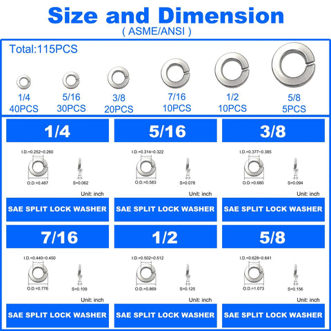 304 stainless steel SAE split lock washers assortment kit in 1/4–5/8 in sizes (6 common sizes) for bolts and screws