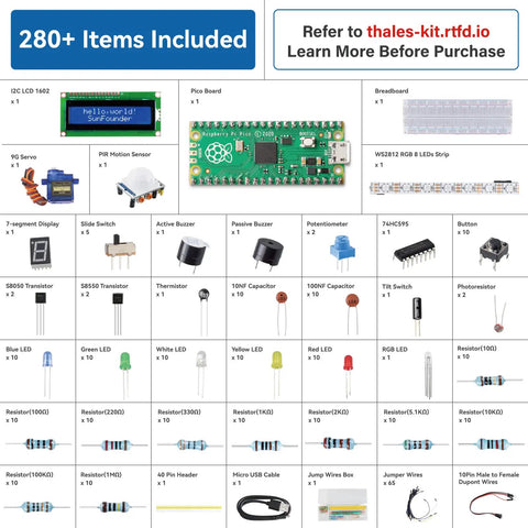Raspberry Pi Pico Starter Kit With 40 Projects And Online Tutorials For MicroPython C And MakeCode No Fuss Setup One Stop Learning Electronics And Programming For Beginners And Pros, showcasing 280+ components including microcontroller board and sensors