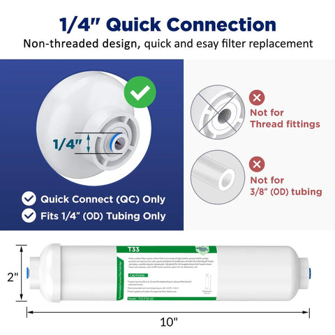 Diagram of Two Pack 1/4 Inch Quick Connect Refrigerator And Ice Maker Filter Cartridges Post Carbon For Reverse Osmosis Systems with measurements.