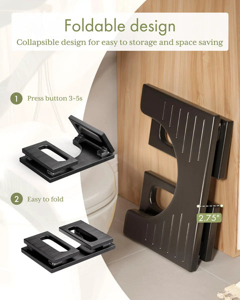 7 Inch Folding Toilet Stool For Adults Bamboo Rustic Brown Collapsible Poop Stool With Anti Slip Strip showcased against bathroom wall