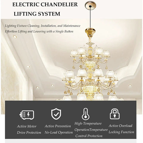 Retractable Pendant Hoist System For Chandeliers With Remote Control And Wall Switch Electric Motor Winch Lifter shown