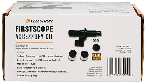 FirstScope Accessory Kit With Moon Filter, 24x And 50x Eyepieces, 5x24 Finder, And Nylon Carry Bag box with components displayed