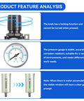 Product feature analysis of Three Quarter Inch NPT Heavy Duty Four Stage Air Dryer System with locking knob, stable pressure gauge, and water indicator.