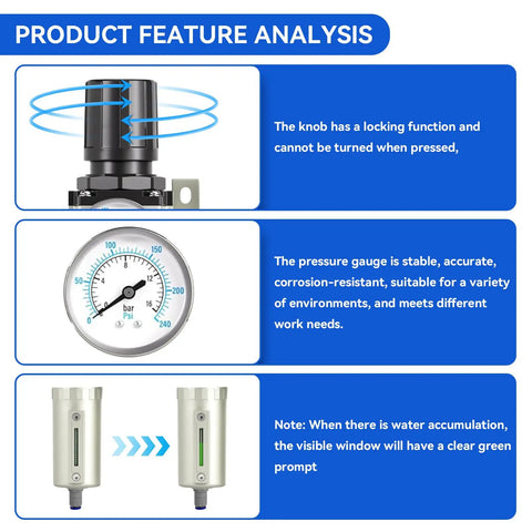 Product feature analysis of Three Quarter Inch NPT Heavy Duty Four Stage Air Dryer System with locking knob, stable pressure gauge, and water indicator.