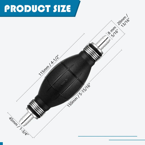 Four Pack Black Primer Bulb Rubber Fuel Transfer Siphon Hand Pump For Marine Gas Lines And Outboard Engines, 5/16 Inch 8mm Fittings, Durable Aluminum And NBR Construction, showing size dimensions.