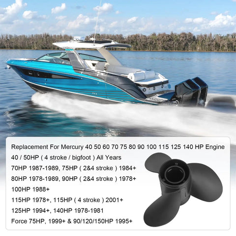 Outboard Boat Propeller 13.25 x 17 Pitch Replacement For Mercury 60 75 90 100 115 HP Motors with three-blade black finish
