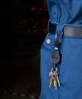 Retractable Carabiner Keychain With 36 Inch Cord clipped to belt loop, holding keys, black housing, stainless steel spring