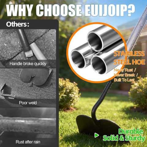 Image showing a stainless steel hoe with 66-inch handle labeled 'Durable Solid & Sturdy', highlighting its rust-resistant feature.