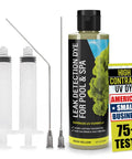 Slick UV Dye Kit For Finding Pool Leaks In Inground And Above Ground Pools Spa Or Hot Tub Plug Those Holes Fast With No Sweat Precision And High Contrast Glow includes 8oz bottle and two syringes.