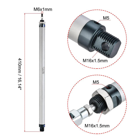 Close-up of Pneumatic Air Cylinder MAL 16x300 with 16mm Bore and 300mm Stroke showing Y connector and fittings, aluminum alloy body.