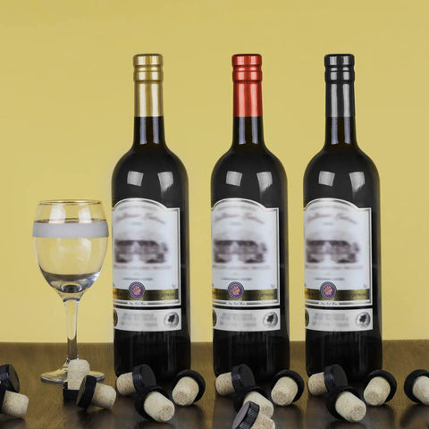 60 Piece Wine Bottle Sealer Kit With Cork Stoppers And PVC Heat Shrink Capsules In Black Red Gold displayed with wine bottles.