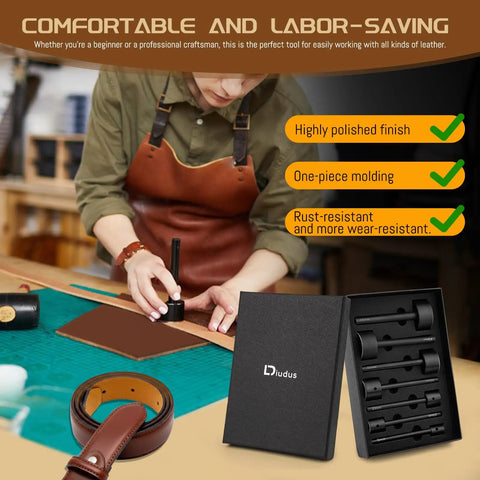 Craftsman using 7 Piece Leather Punch Set 15mm To 45mm Corner And Half Round Holes Kit for Belts Wallets and Bags with Display Case