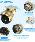 1.5 Inch Ball Caster Wheels Set Of 4 For Furniture, 360 Degree Swivel Top Plate Casters In Gold Finish, 298 Lbs Total Capacity